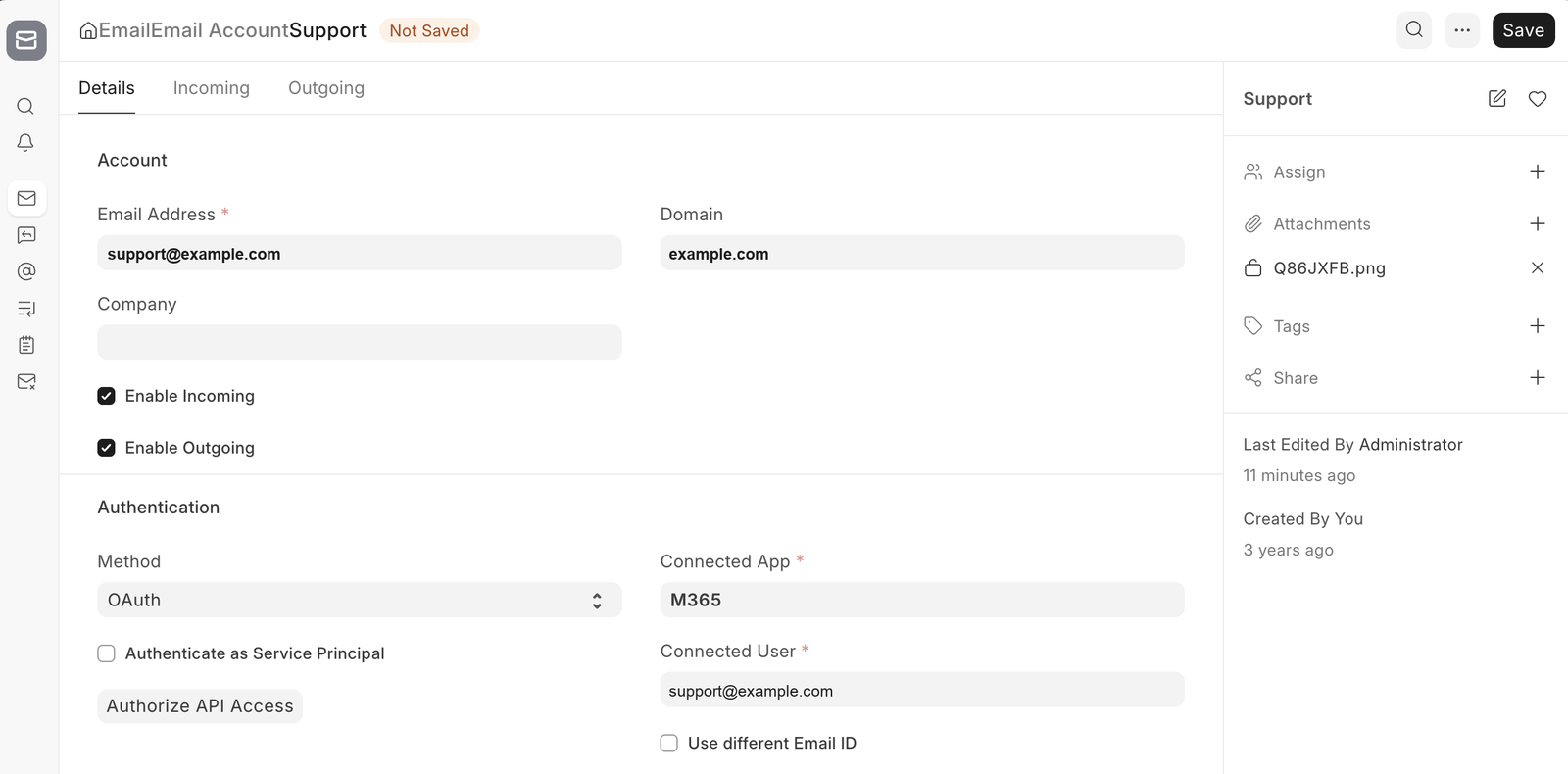 Email Account-formulier met Method op OAuth en een gekozen Connected App