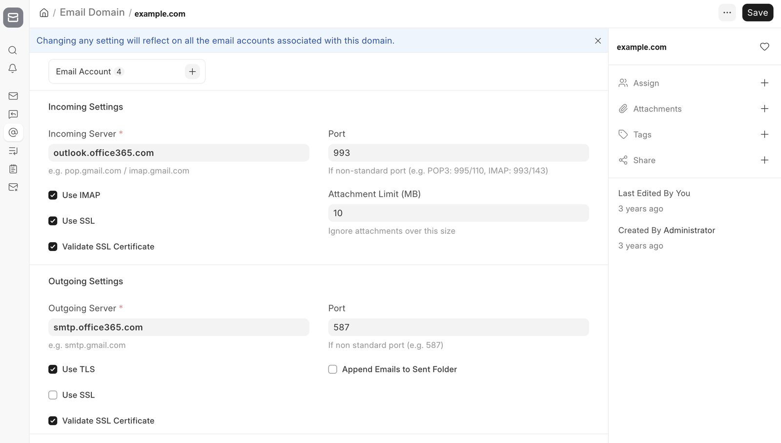 Email Domain met de inkomende en uitgaande serverinstellingen voor Microsoft 365