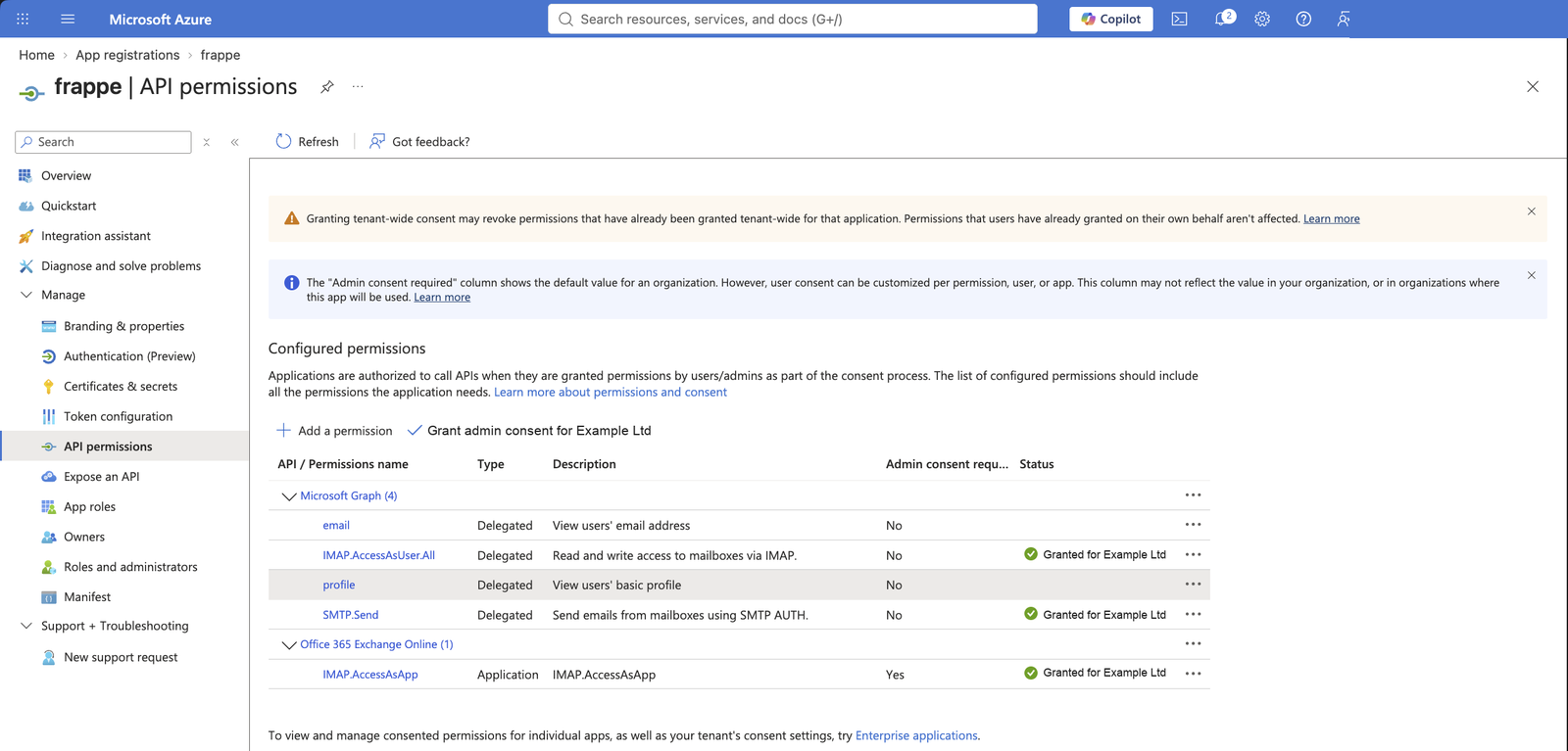 API permissions met delegated SMTP.Send en IMAP.AccessAsUser.All, beide met toestemming