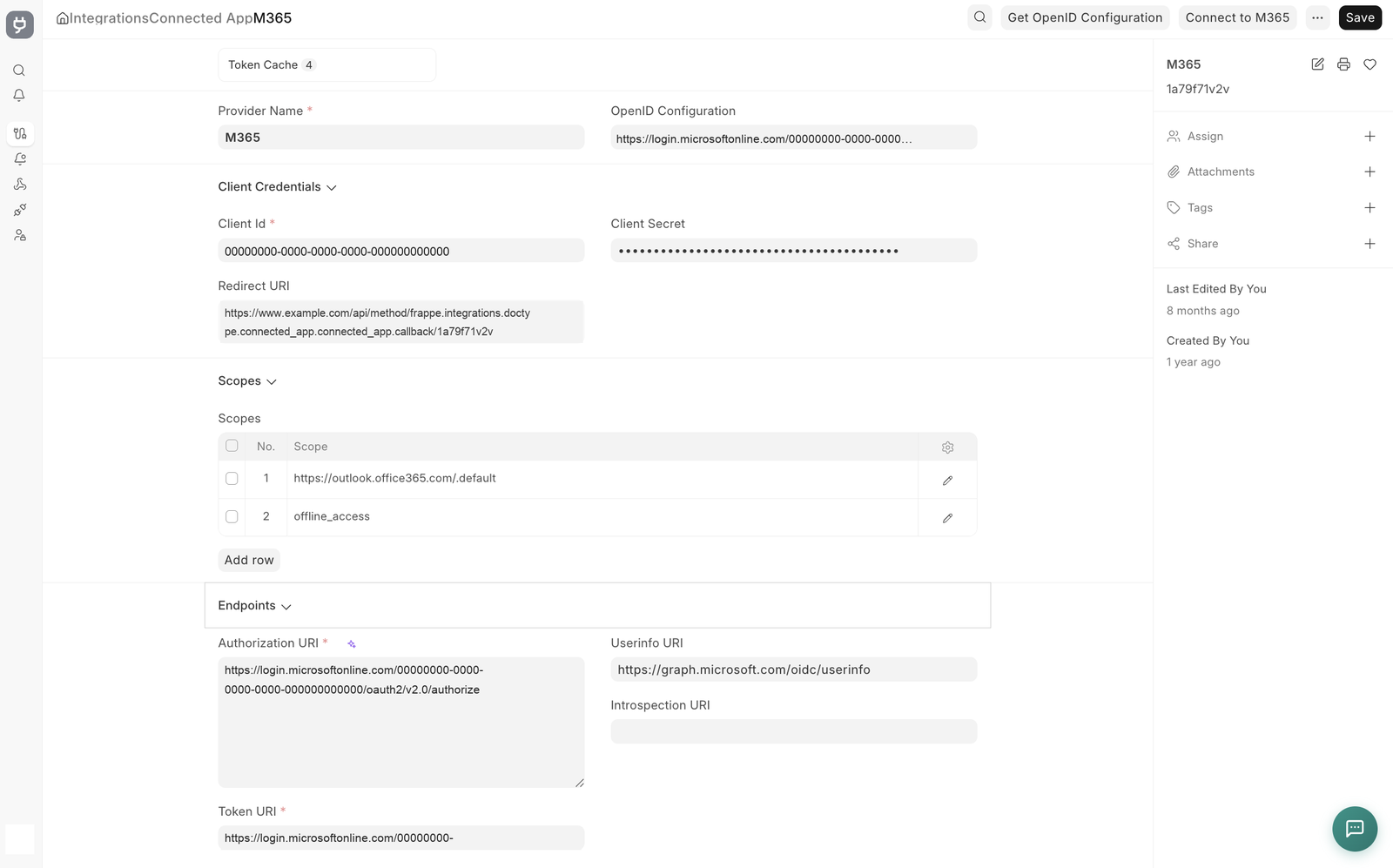 Formulier van de Connected App met client credentials, scopes en endpoints